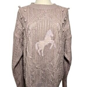 vintage Medium Cable Knit Sweater Horse Applique‎ Pom Pom Accents Pullover Top